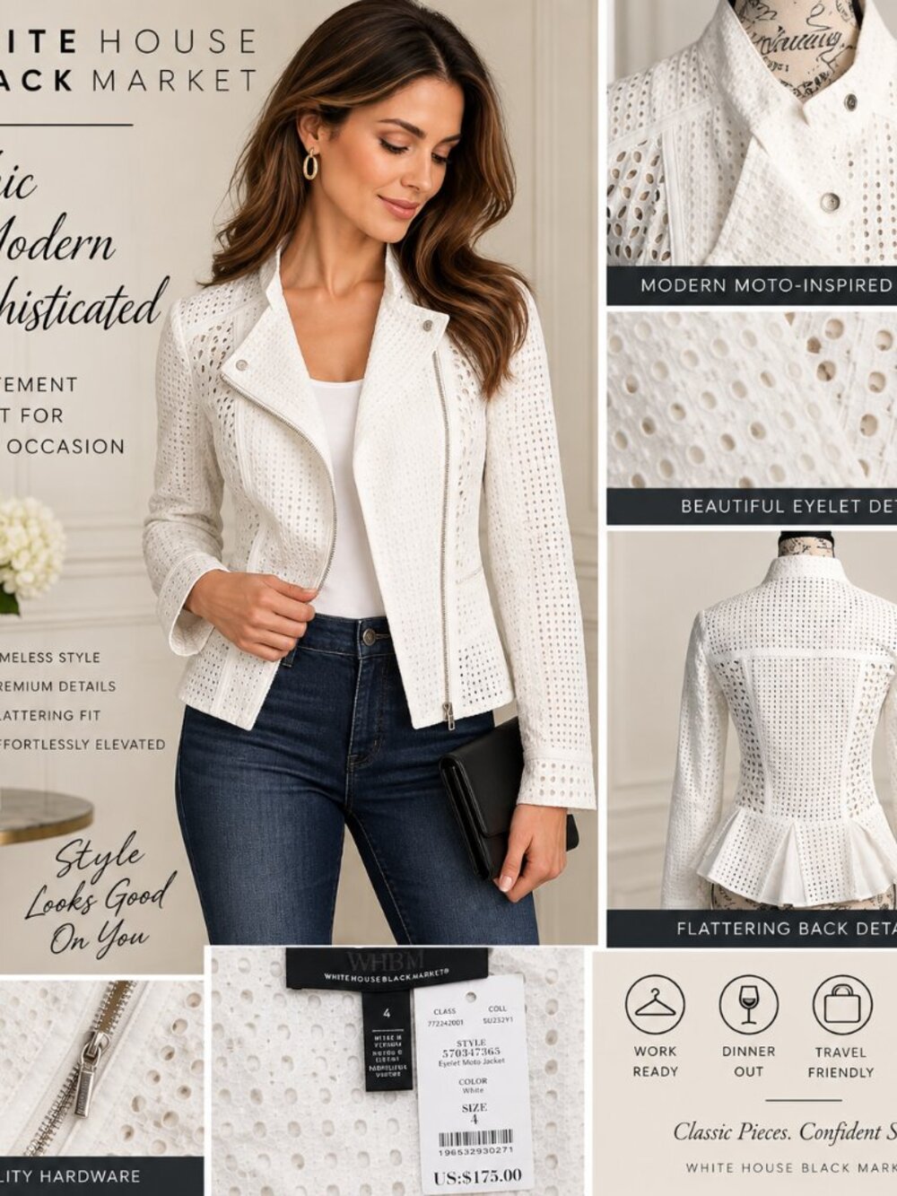 NWT White House Black Market White Eyelet Moto Jacket Size 4 $175